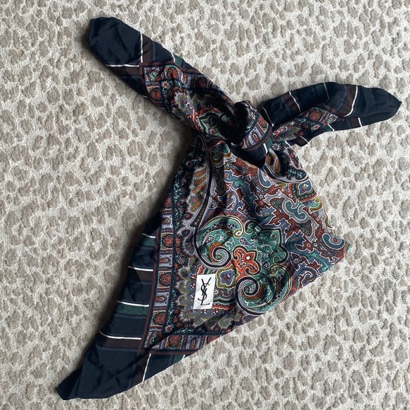Yves Saint Laurent YSL Black Paisley and Striped Square Silk Scarf, 33” square - Picture 3 of 7
